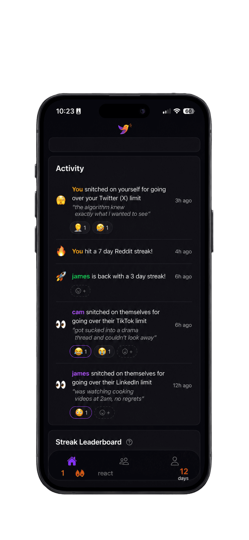 Screen Snitch activity feed: your friends see every confession, streak, and limit-break in real time